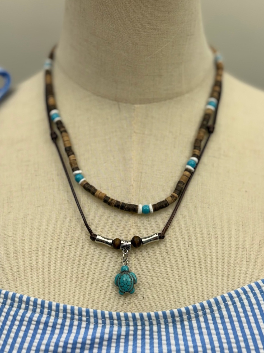 Layered Turtle Necklace Boho Beach Surfer Choker Turquoise Pendant Adjustable